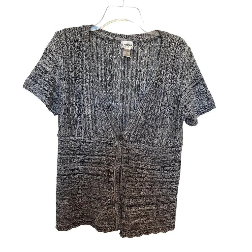 Chico’s Short Sleeve Lightweight Cardigan Sweater Heathered Gray White Size 1(M)
